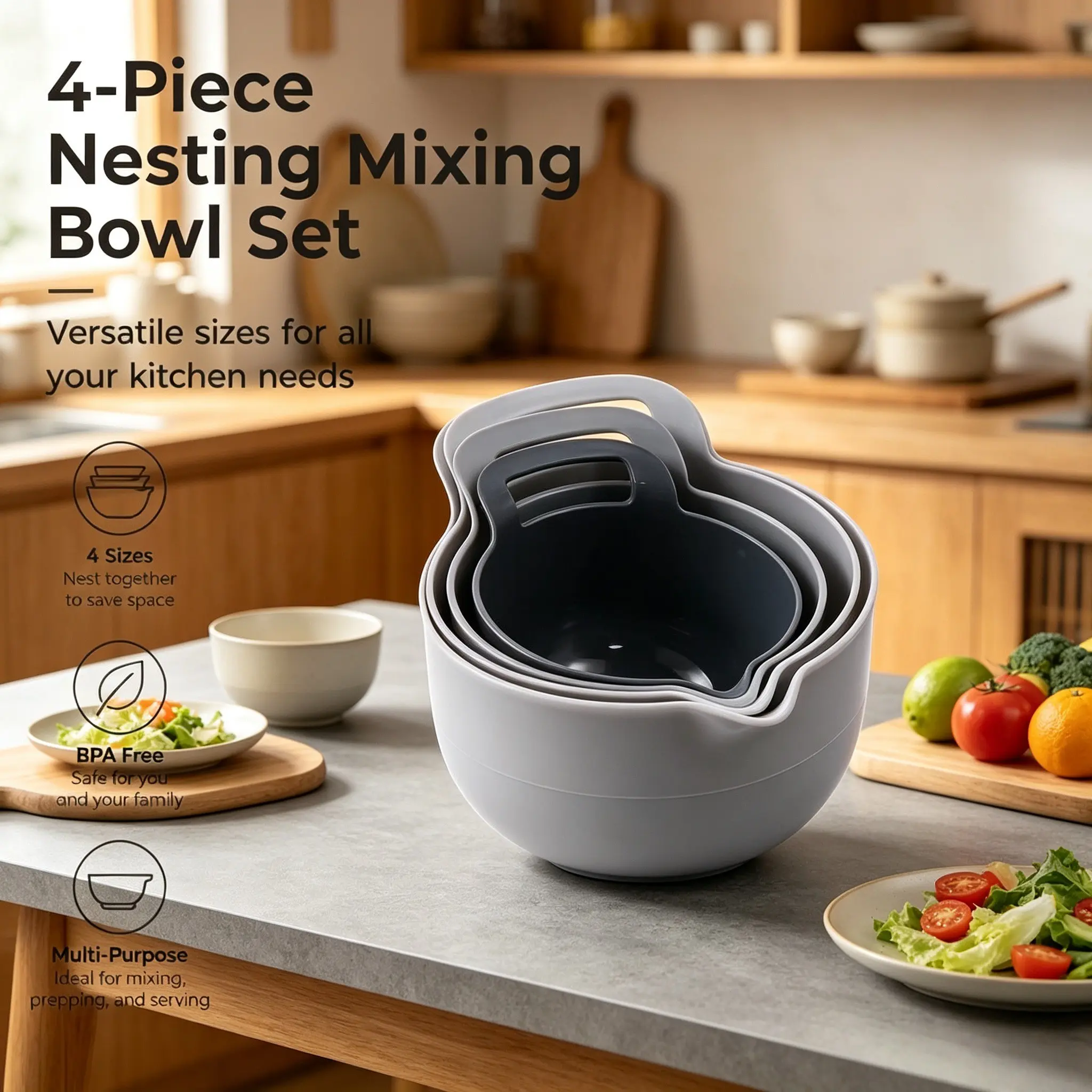 4 Piece Nestable Mixing Bowls with Spout, BPA-Free Food Grade Plastic, 4 Sizes for Baking, Salad, Prep, Daily Kitchen Use Cookware