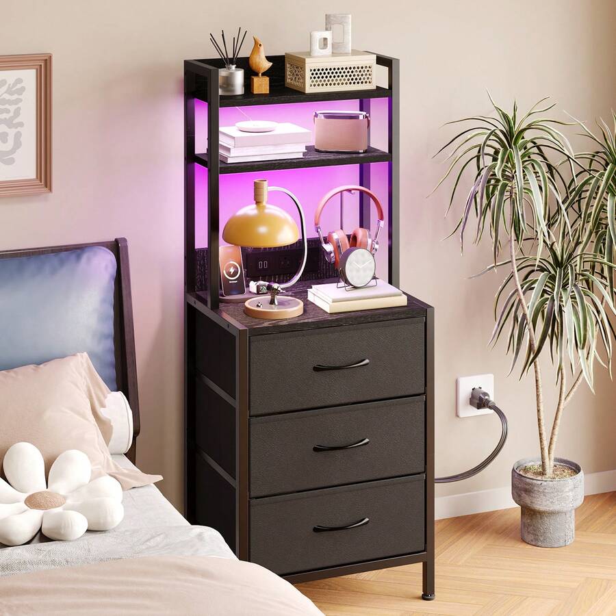 41 Inch Tall Nightstand with 3 Drawers & Charging Station, LED Bedside Table with USB Port & Socket, PU Fabric Storage Drawers, Multi-Functional Side Table & Bookshelf for Bedroom Office, Black White Rustic Brown