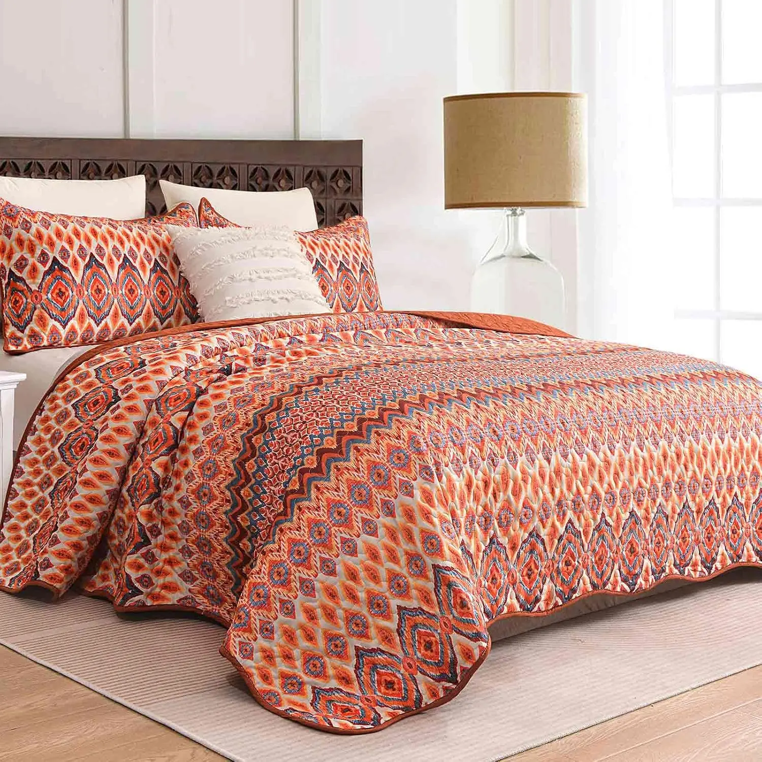 Fall Quilt Set  Size 90 x 96 In 3 count, Burnt Orange Boho   Bohemian Bedspreads, Soft Lightweight Coverlet Bed Spreads  Thin Quilted Comforter  Bedding Set Women Men