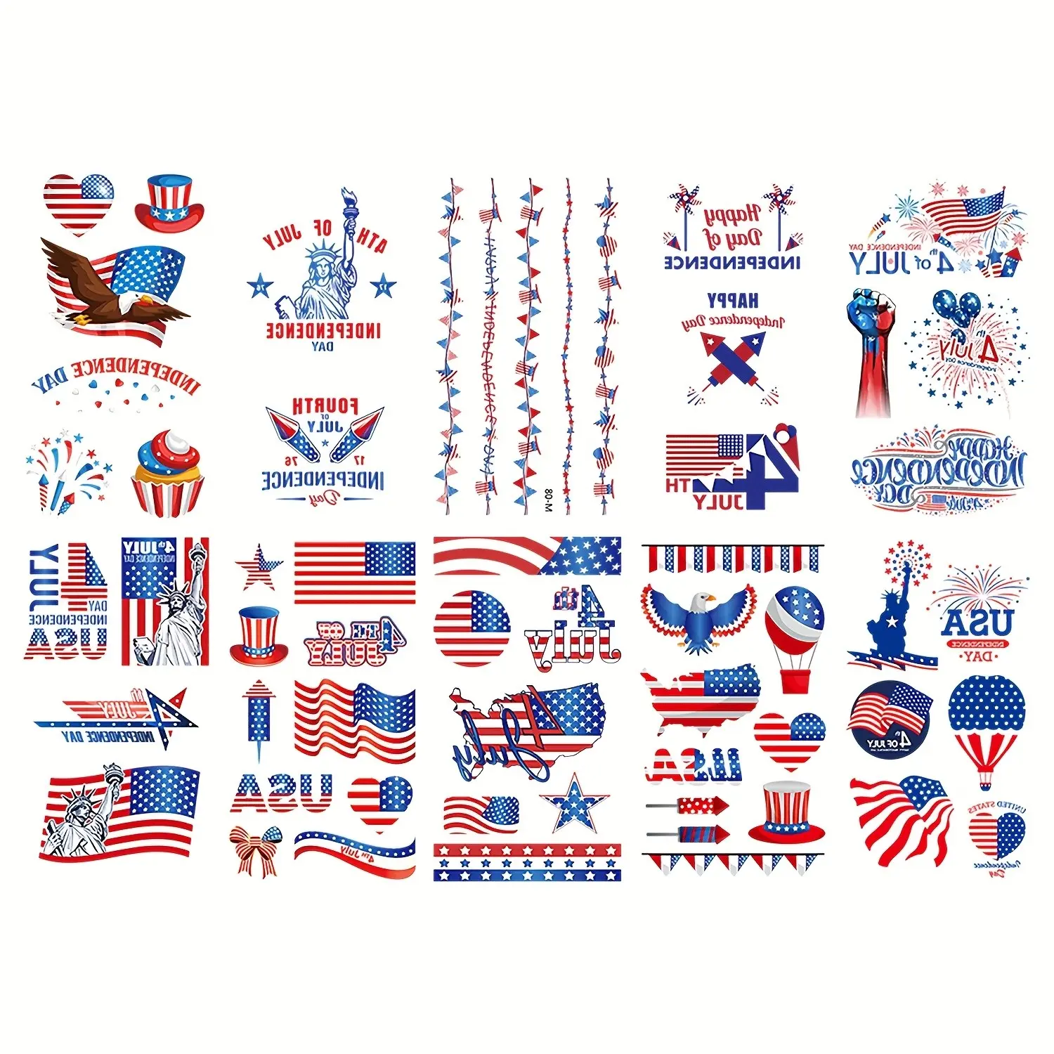 10 Sheets (58 Designs) Usa Independence Day Temporary Tattoos, Waterproof Realistic, Easy to Use, Body Face Arm Art for July 4th Party