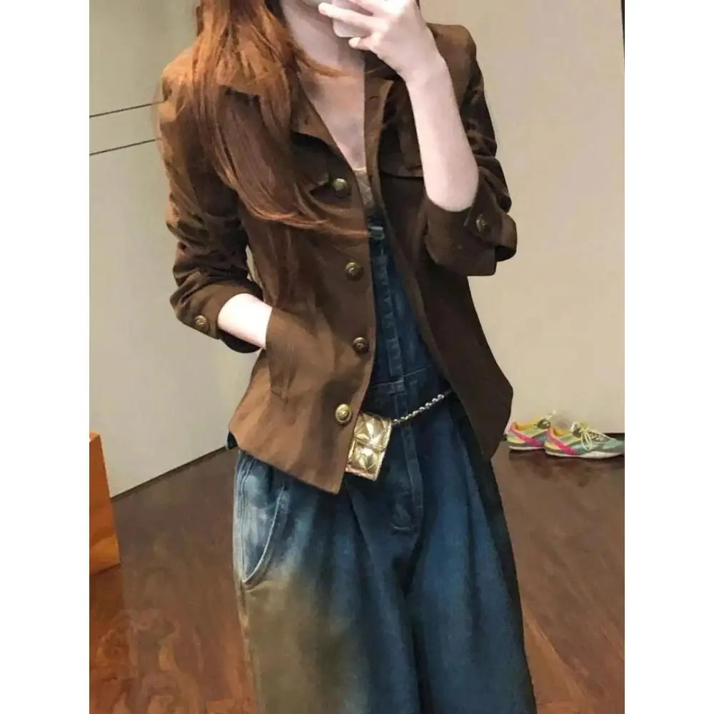 Vintage Design Autumn Slim Jackets Long Sleeve Aesthetic Fashion Casual Brown Overcoats Women New 2025 Korean Chic Elegant Coats