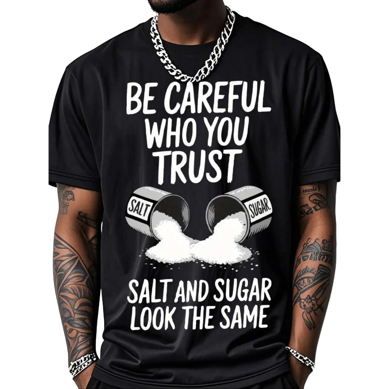 Men's Casual Cotton Tshirt - Menswear, Short Sleeve Round Neck Top with Salt Graphic Print & "Be Careful Who You Trust" Slogan for Outdoor Use, Shortsleeve, Graphic T Shirts