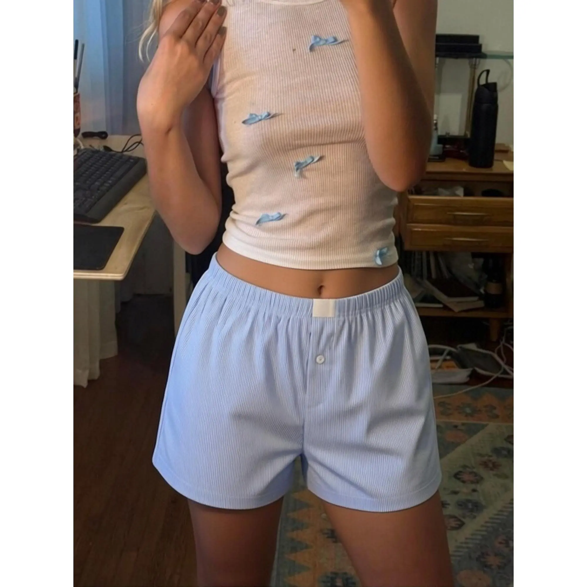 Summer Women Shorts y2k Clothes Plaid/Stripe Print Elastic Waist Shorts Streetwear for Daily Date