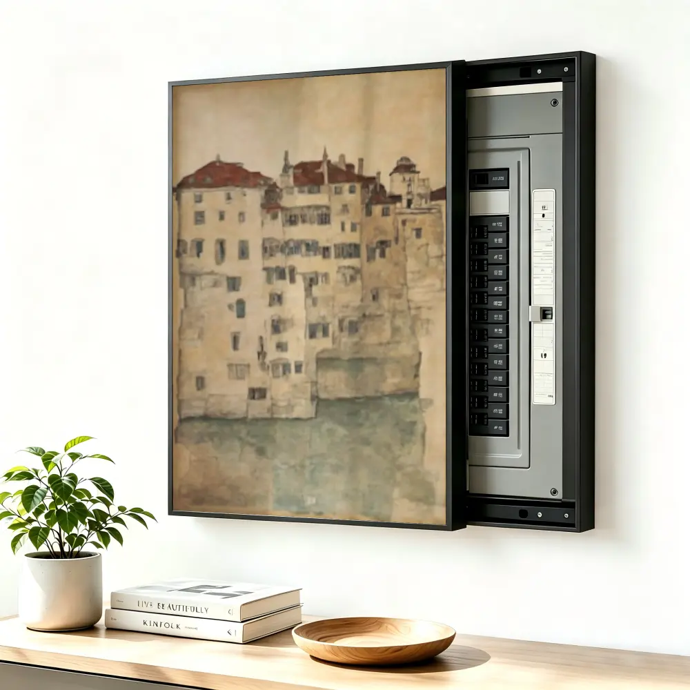 ElectricalPanel Cover Decorative Breaker Box Cover Fuse Box Cover Old European City Watercolor Painting Aluminum Alloy Frame With High Quality Canvas, LivingRoom Home Office