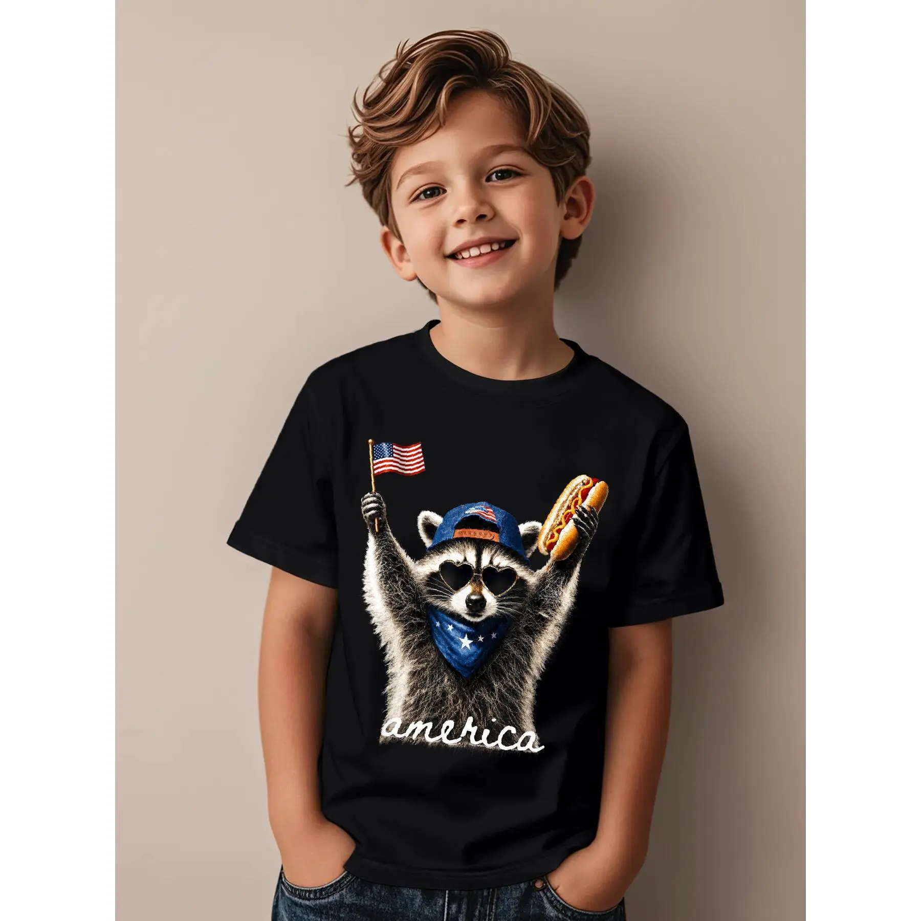 USA America Raccoon Hot Dog 1776-2026 4th of July 250 Years Novelty Awesome Graphic Kid T-Shirt Casual Kid T Shirts Streetwear Tees Tops for Kid