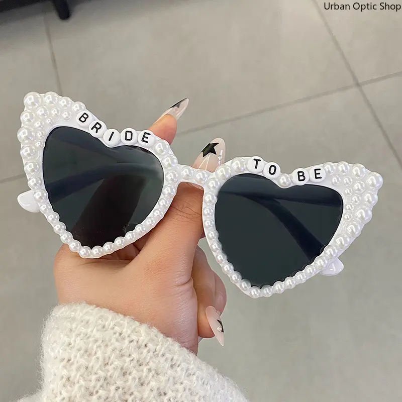 XUH Women's Pearl-Trimmed Heart-Shaped Bride-to-Be Sunglasses, White Frame, Dark Tinted UV400 Nylon Lenses, UV-Protective Fashion Eyewear for Bachelorette Party, Wedding Photoshoot, Uv Protection, Eyewear Fashion, Adults