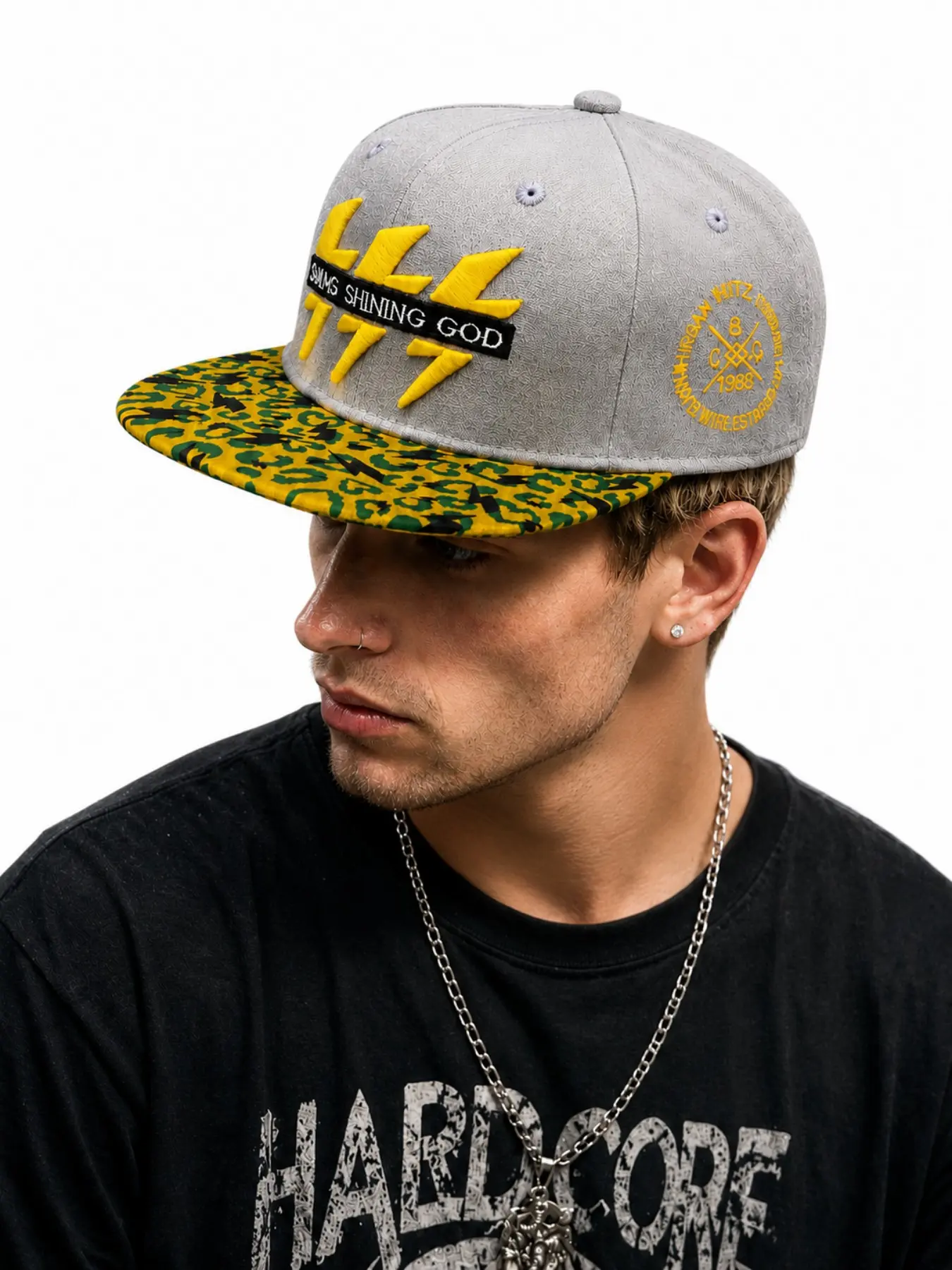 American Street Embroidered Lightning Pattern Baseball Cap, Camouflage Brim Snapback Hat, Punk Style, Unisex, All Seasons