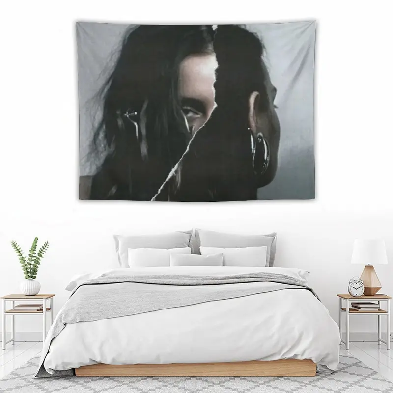 Billie Broken Eilish Face Portrait Wall Tapestry, Tapestry Wall Hanging, for Adult Fans, Modern Black Flash Art, Y2K Aesthetic Room Decor, 1980s Retro Cinematic Bedroom Flag for Alt Pop Fans Gen ZWall Flag