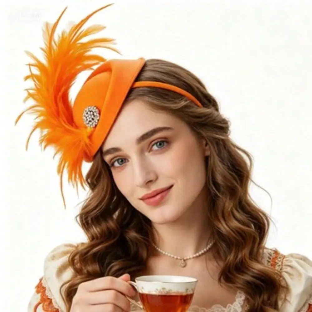 Women's Vintage Orange Feather Accent Pillbox Hat with Rhinestone Brooch - Elegant Headband Tea Party Outfit Headpiece for Bridal Cocktail Events
