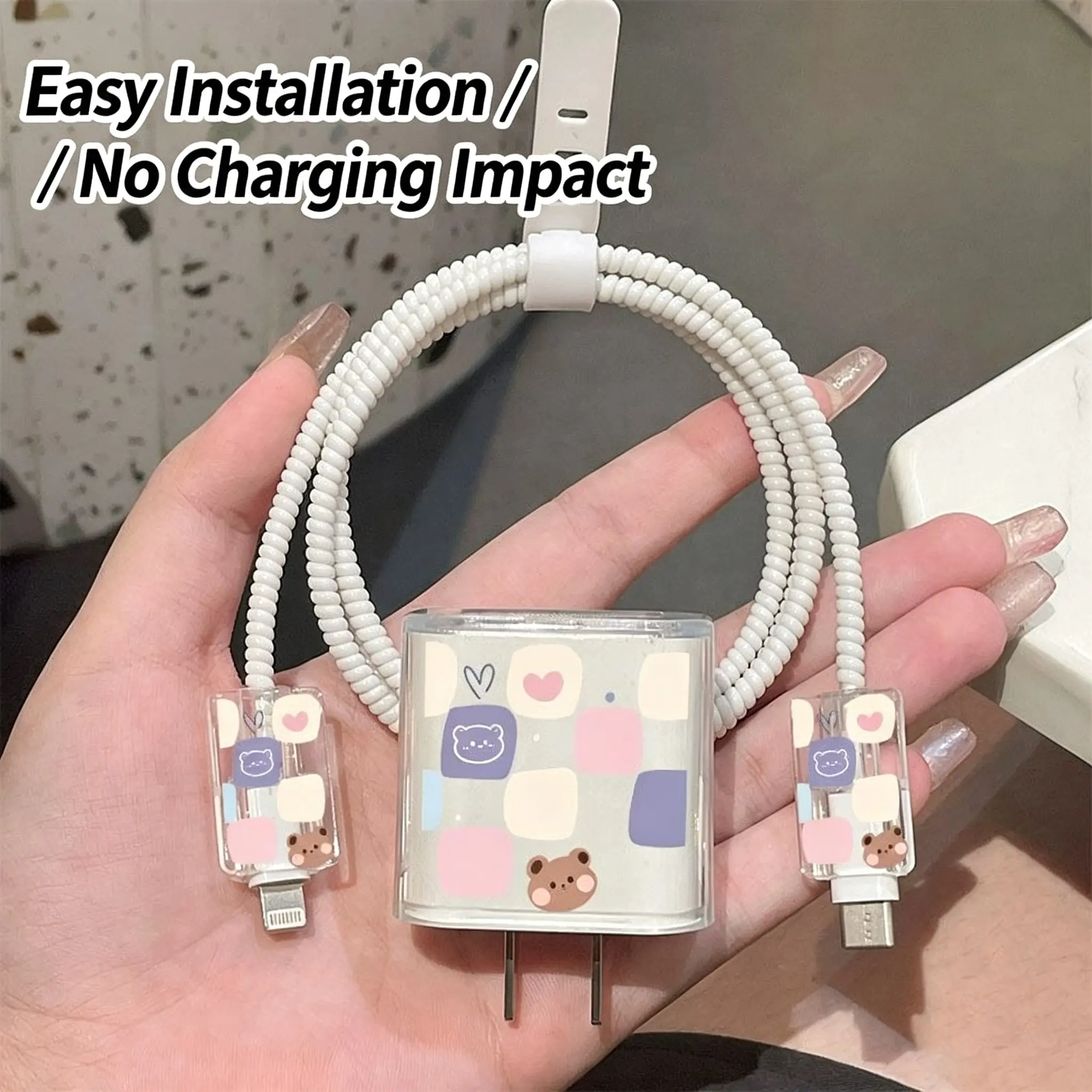 Cute Bear Heart Charger Case Set, Transparent Dual-Color Bear Design, Adjustable Spiral Cable Sleeve, 18w 20w PD Fast Charge Kit, Gift for Young Women