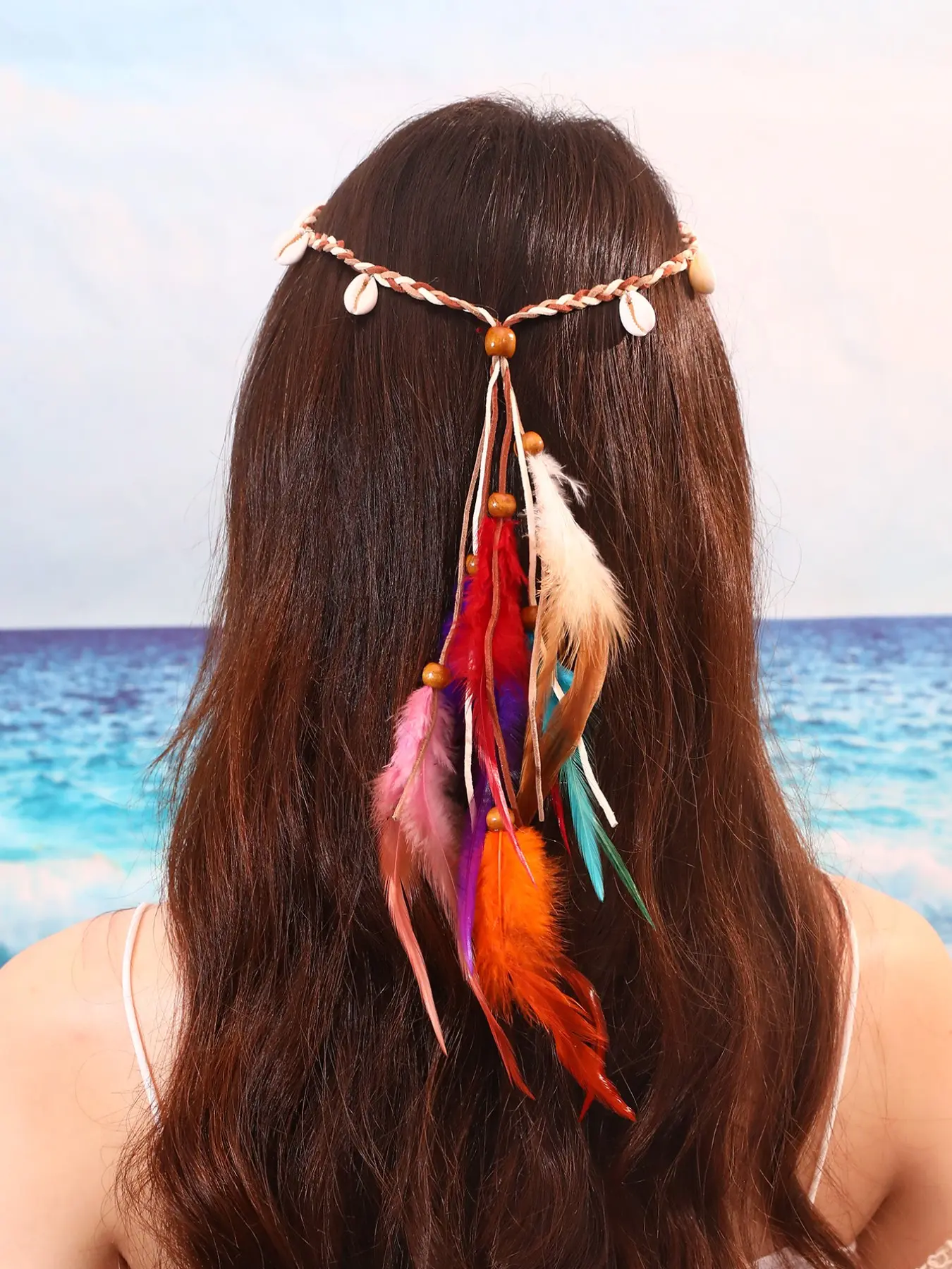 Boho Colorful Feather Headband, Long Fringe Ethnic Style, Vintage Turquoise Bead Hair Band, Beach Vacation Photo Accessory