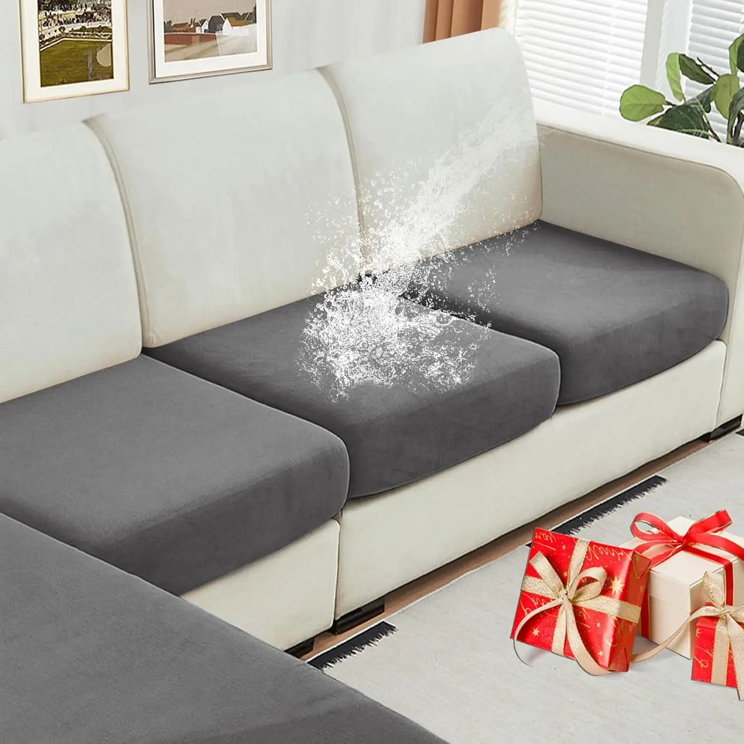 Waterproof Couch Cushion Covers Thick Velvet Fabric Washable Sofa Slipcovers 3 Pieces Individual Sectional Couch Covers with Elastic Bottom(3 Pcs for 3-Seat or Backrest,Grey)