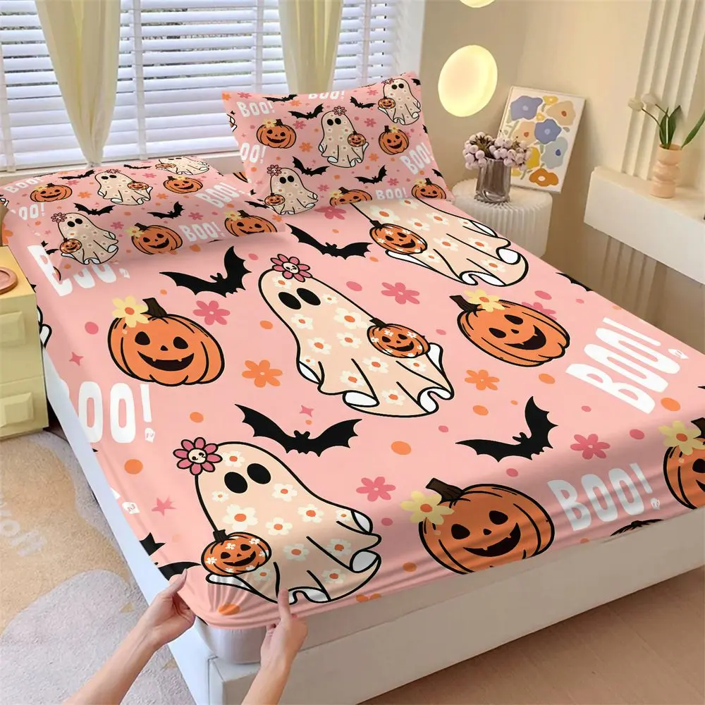 3Pcs Cute Halloween Fitted Sheet Set, Pink Preppy Ghost & Pumpkin Bed Sheets Set, Soft Aesthetic Bedding Set for Teen Girls Bedroom Decor, Spooky Boo Pattern Bed Cover No Fillers