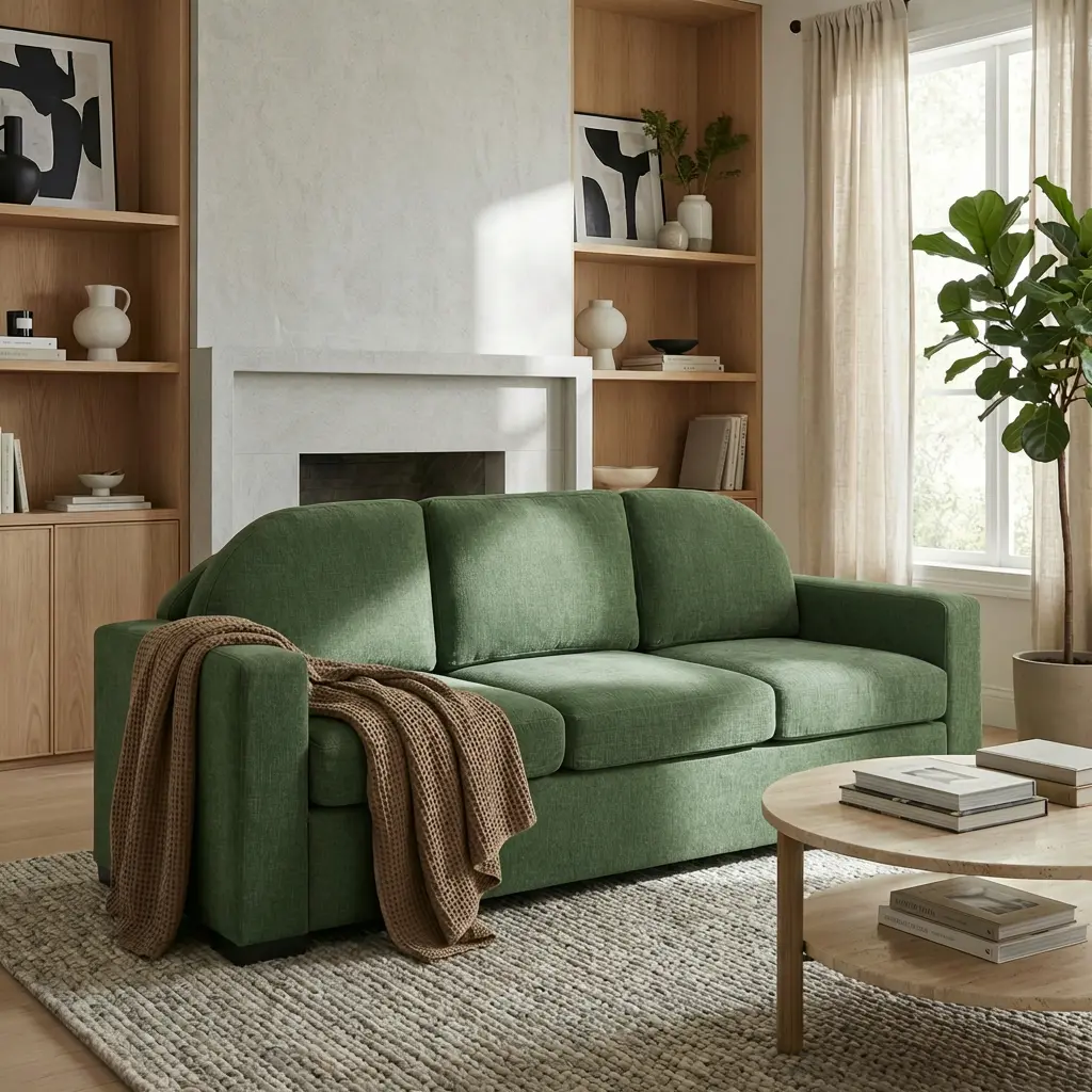 ARCH Modern 3-Seater Sofa Couch 84.7" Upholstered Sofa with Curved Backrest for Living Room Small Space Apartment, Green Fabric, Living Room Furniture for Apartment, Lounge, Family Room, Office and Home Seating, Sofa Couch Seating Search Terms
