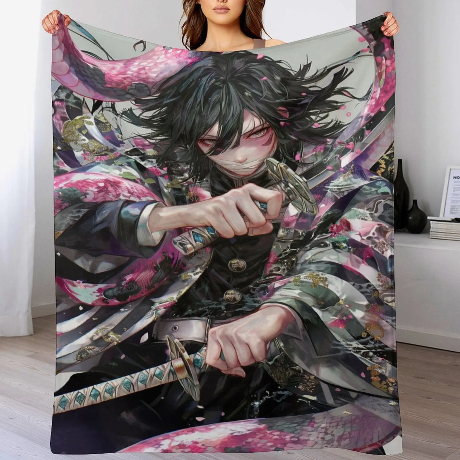 Demon Slayer Obanai Iguro Throw Blanket Serpent Hashira Anime Flannel Blanket Soft Cozy Blanket for Bedroom Living Room All Season Decor