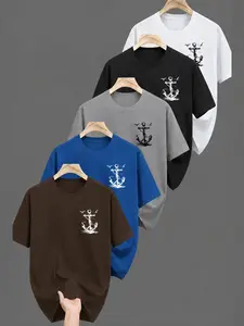 5-Piece Short Sleeve T-Shirt Set, Casual Daily Wear, Vintage Anchor Print, Breathable Fabric, Unisex, Outdoor Sports Lovers