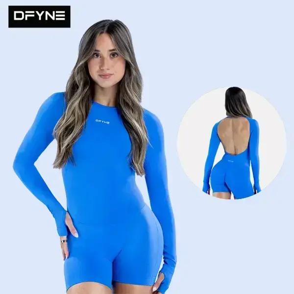 DFYNE Seamless Backless Workout Romper| Long Sleeve Gym Jumpsuit with Thumbholes & Booty Lifting Tummy Control Bodysuit, Seamless Fabric, Thumbhole Sleeves, Tight Fit, Women's Clothes, Gym Workouts, Long Sleeve Romper