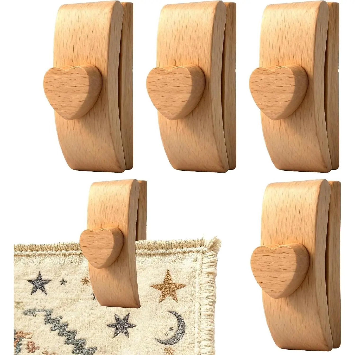 Heart Shape Wooden Tapestry Hangers (4 Packs) - Large Clips for Wall Display of Quilts, Fiber Art, Whimsical Home Decor, Room Decor, House Home Accents