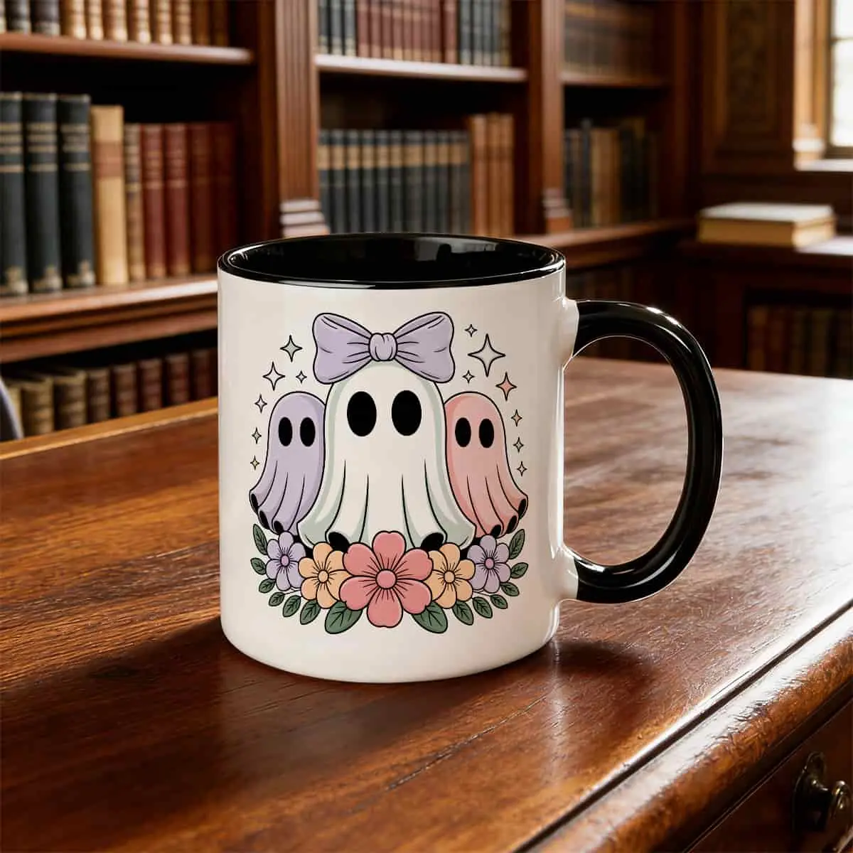 11oz Halloween Mug Featuring Adorable Ghosts Design, Kawaii Spooky Ceramic Coffee Cup Adorned with Bow & Floral Motif, Fun Drinkware for Hot Chocolate & Tea, Home Office Decoration, Distinctive P Black