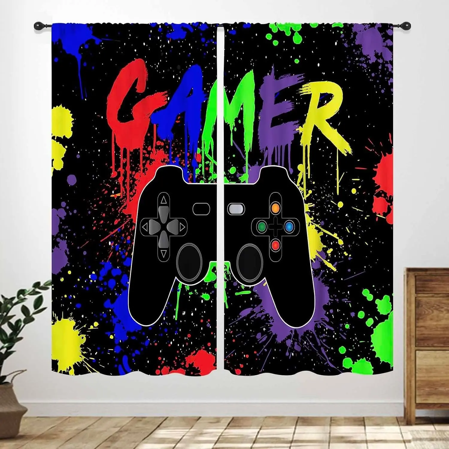 Boy Bedroom Game Curtains, Colorful Graffiti Gaming Controller Theme, Teenager Kids Game Room Living Room Window Decor Curtains, 2 Pieces