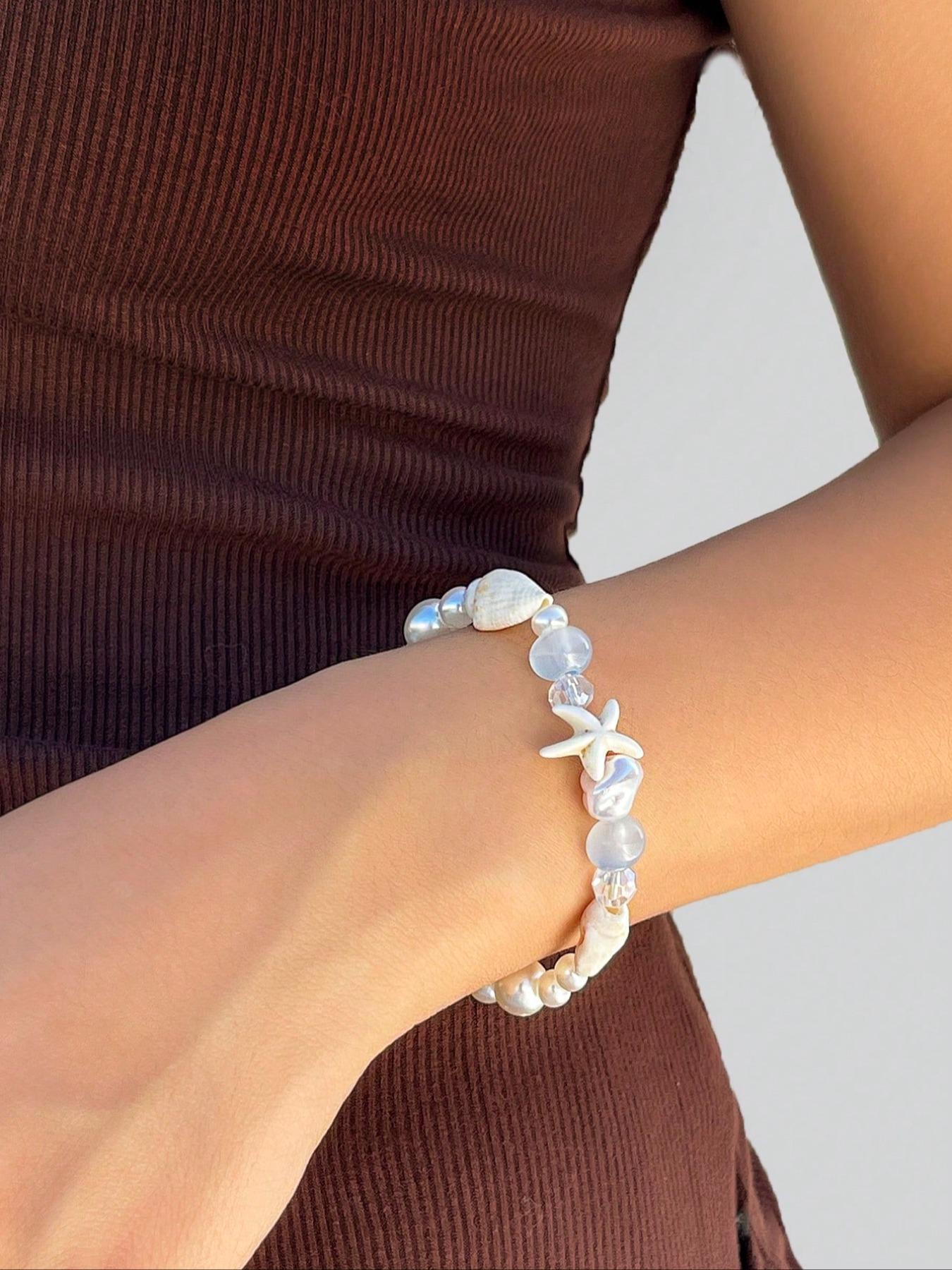 Boho Style Shell & Starfish & Faux Pearl Decorated Bracelet, Fashionable Jewelry for Women & Girls, Trendy All-match & Exquisite Jewelry for Birthday Gift, Trendy Jewellery Accessories, Pearl Beaded Bracelet