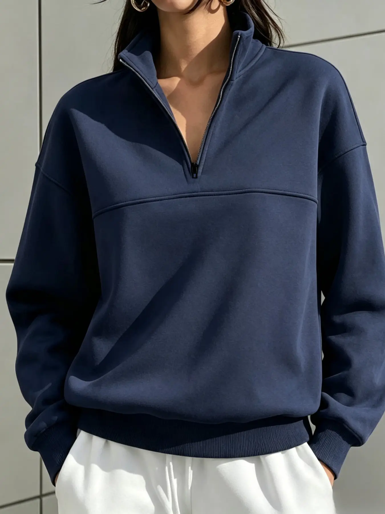 Women's Half-Zip Stand Collar Long Sleeve Sweatshirt, Fall New Arrival, Plain Solid Color, Casual Sweet Cool, Soft Comfortable, Slim Fit, Daily Wear