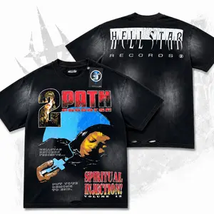 Hellstar Spiritual Injection T-Shirt, Vintage 2 Path To Paradise Double Sided Graphic Printed Heavy Cotton Loose Tee for Men Women, Unisex Casual Hip Hop Top, Trendy Washed Black Summer Streetwear