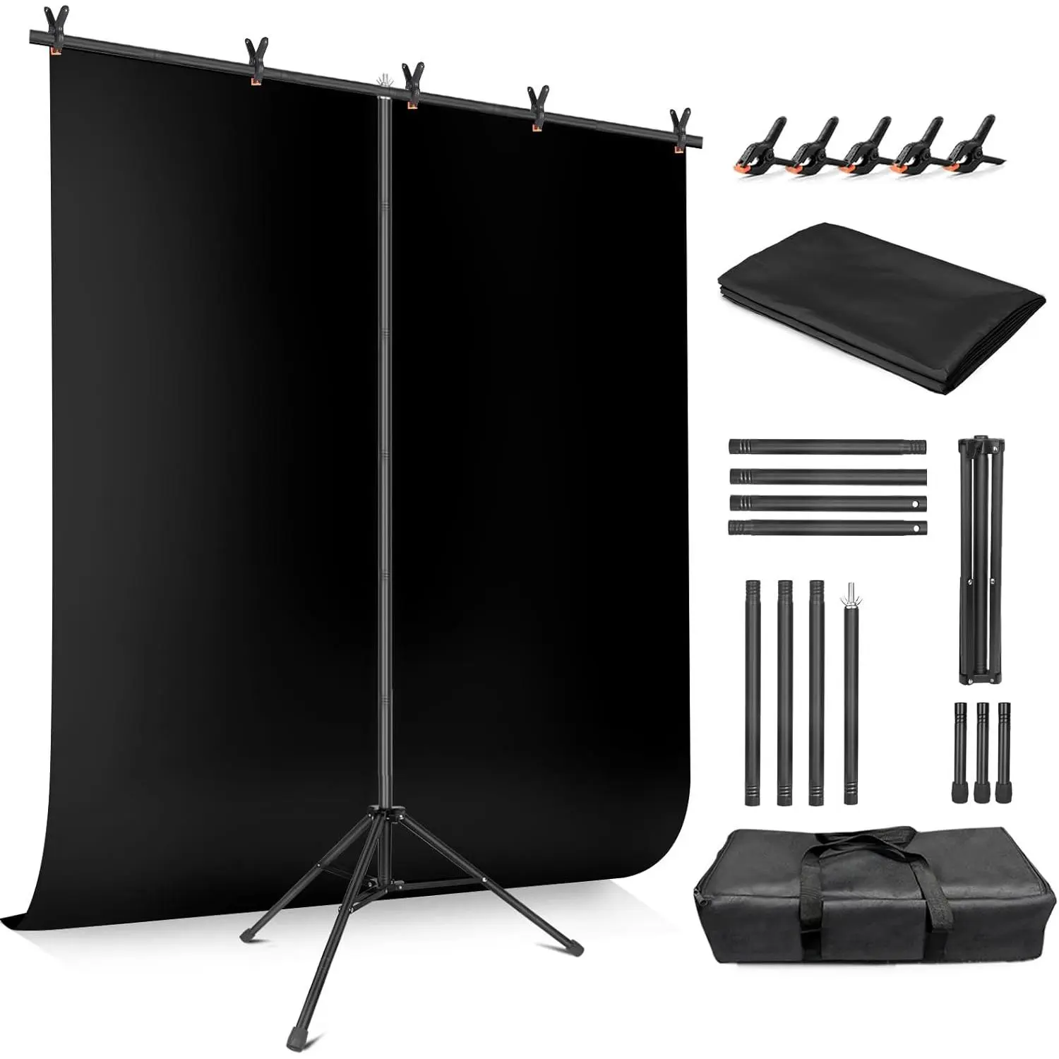 Black Backdrop Background with Stand for Photoshoot, 5x6.5ft Black Photo Backdrop Curtain Cloth with Background Support Stand, 5 Spring Clamps& Carrying Bag for Party Photography Video Studio