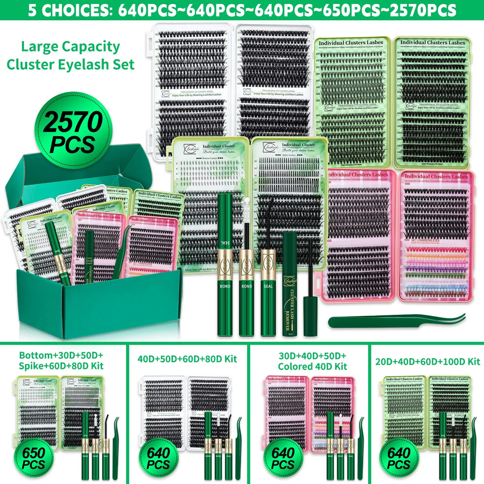 Multiple options: 2570/650/640 Pcs Cluster Eyelash Extensions Set, Spiky Eyelash Clusters, D Curl 10 Styles Colored/Spike/Wispy Lashes, with Bond&Seal Lash Remover Lash Applicator, For Beginners&Pros, DIY at Home Easily, Easy Apply for Makeup Daily