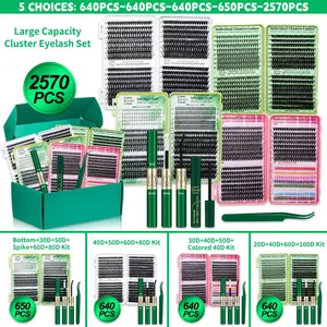 Multiple options: 2570/650/640 Pcs Cluster Lash Set, D Curl 10 Styles Colored/Bottom/Spike/Wispy/Manga/Volume Lashes, Kit with Bond&Seal Lash Remover Lash Applicator, Perfect for Beginners&Proficient, DIY at Home Easily, Easy Apply for Makeup Daily