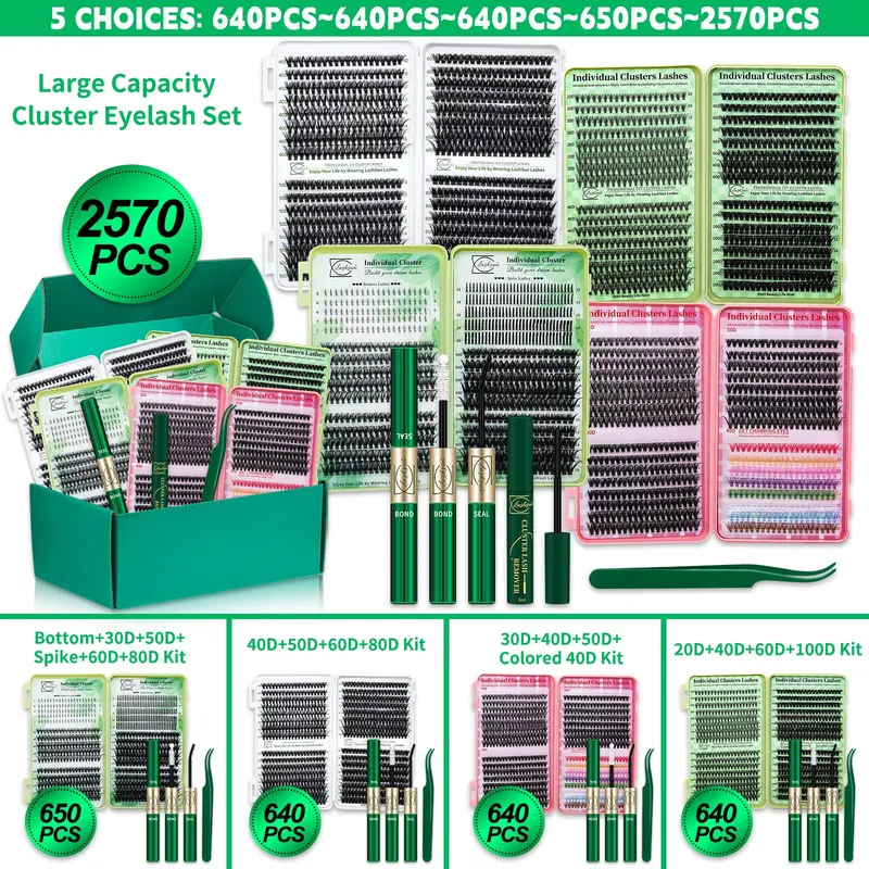2570/650/640Pcs Cluster Eyelash Extensions Set, Individual Eyelash Extensions, D Curl, 10 Styles Colored, Spiky & Wispy Lashes with Bond & Seal, Lash Remover & Lash Applicator, for Beginners & Pros, Easy to Apply for Daily Makeup