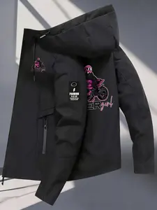 Women's Hooded Windbreaker Jacket Double sided BIKER GIRL Pink Moto Print Jacket Two Color Options Hooded Loose All Season Warm Jacket Ideal for Daily Commute Hiking Climbing Wear Skin Friendly Breathable Machine Washable Plussize