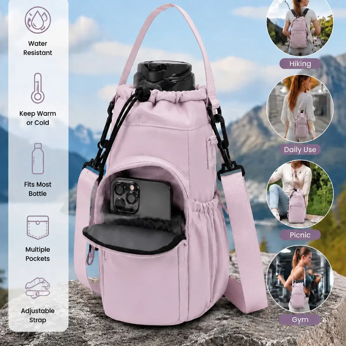 Multi-Pocket Insulated Water Bottle Holder Bag with Adjustable Shoulder Strap, Portable Water Bottle Carrier Fits 20oz 30oz 40oz Tumblers, Water Bottle Crossbody Bag for Cycling Hiking Picnic Travel Gym