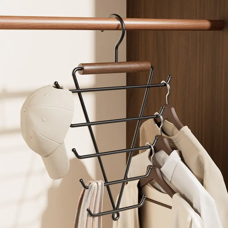 Five-Tier Wooden Handle Iron Rack, Space-Saving Multi-Hook Organizer, Closet Storage for Belts, Scarves, Accessories, Back-To-School, Friday, Christmas