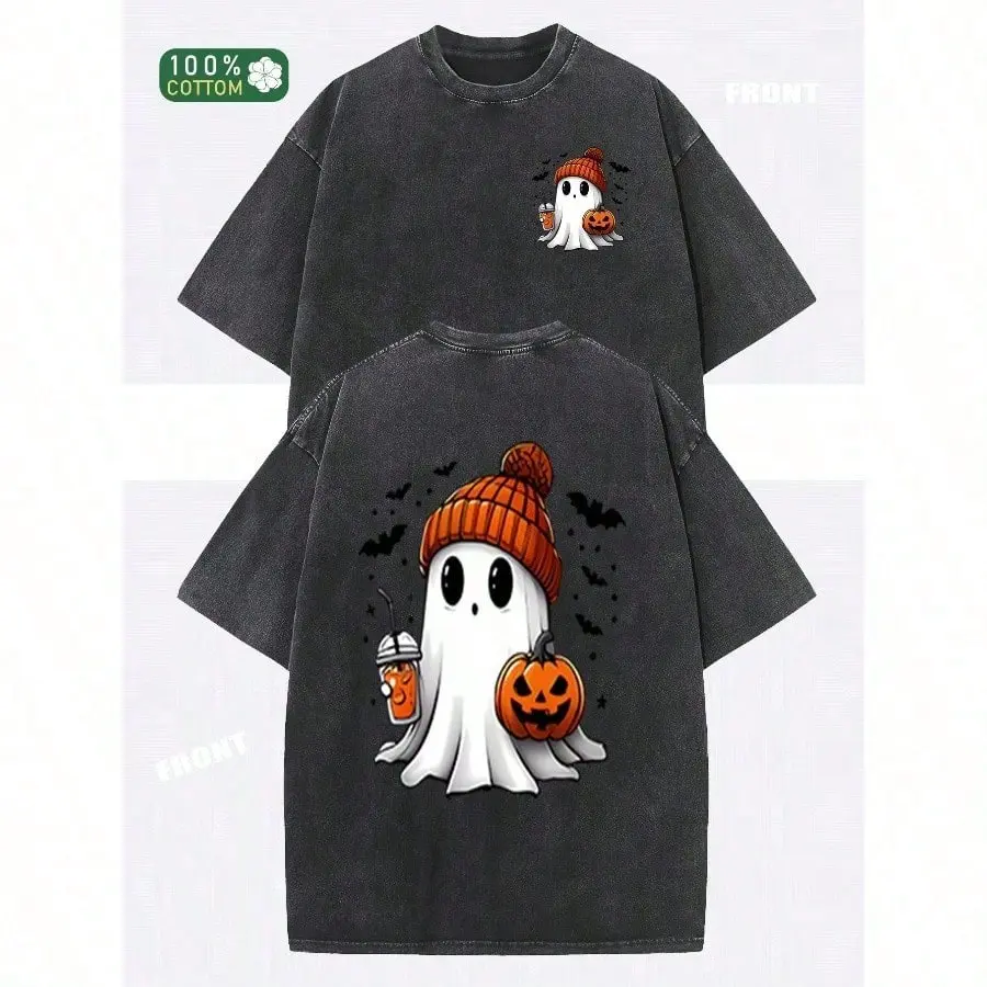 Halloween Cute Ghost Design Printed, Oversize Shoulder Retro Street Basic Loose Hip-Hop Men'S And Women'S Tops Autumn Summer Do Old Washed T-Shirt  Spring and Summer Top Choice