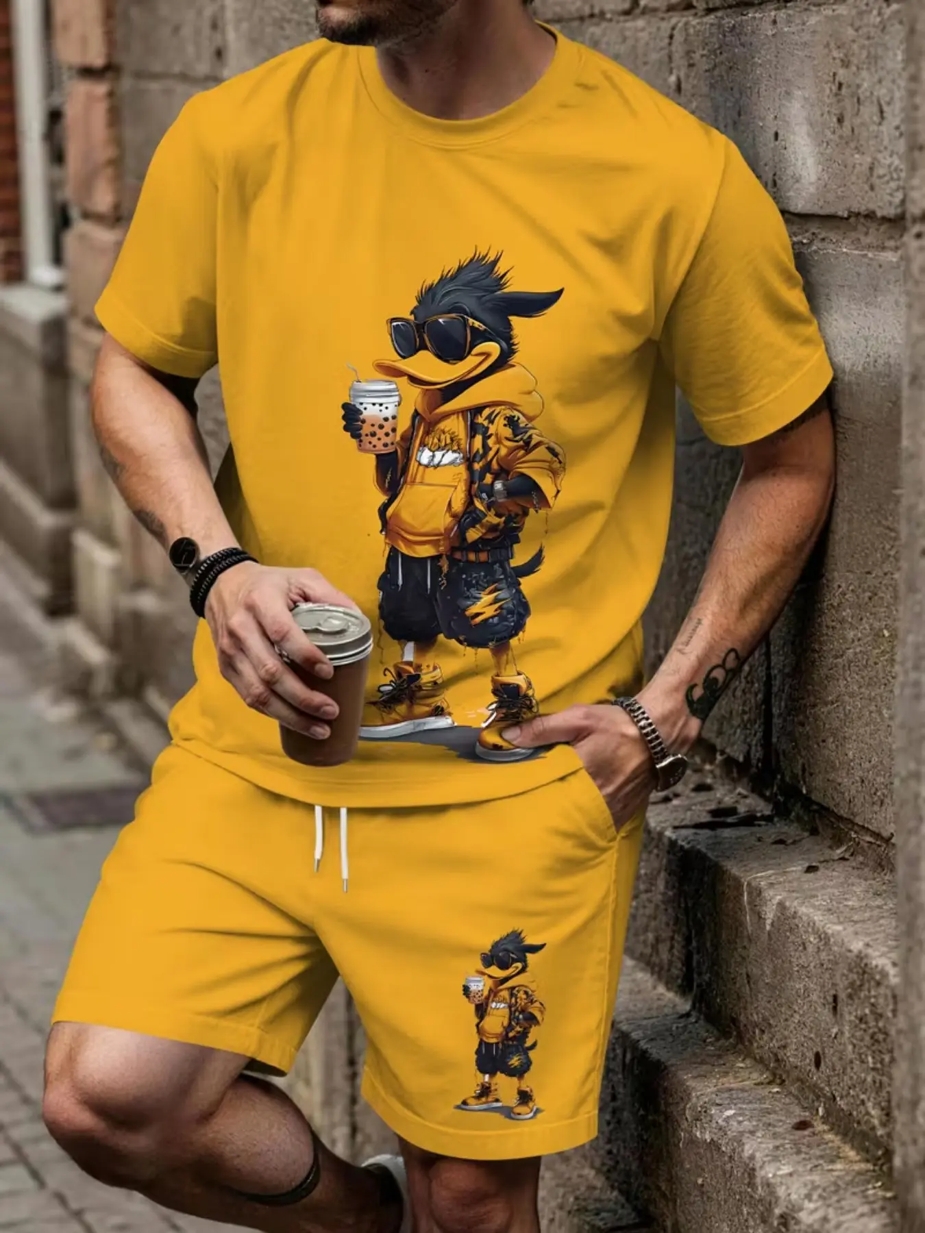 Men's Spring Summer Casual Short Sleeve Top Set, Duck Drinking Milk Tea Print, Trendy Shorts Set, Breathable Sport Style, Casual Matching Sets, Perfect Gift