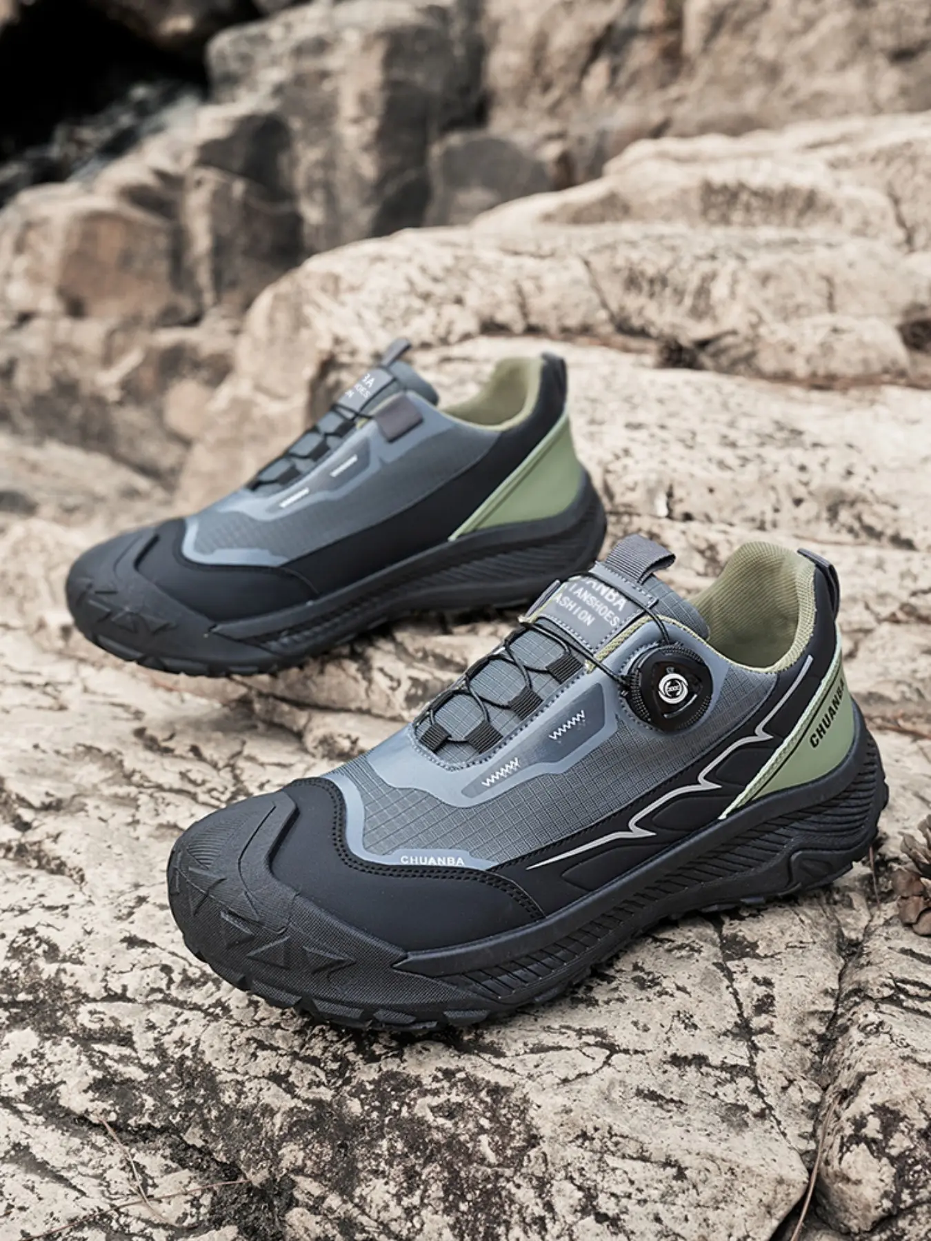 Men's Knob Buckle Hiking Shoes, Anti-Slip Durable Thick Sole, Waterproof Breathable, Comfortable Lightweight, All-Season Outdoor Sneakers