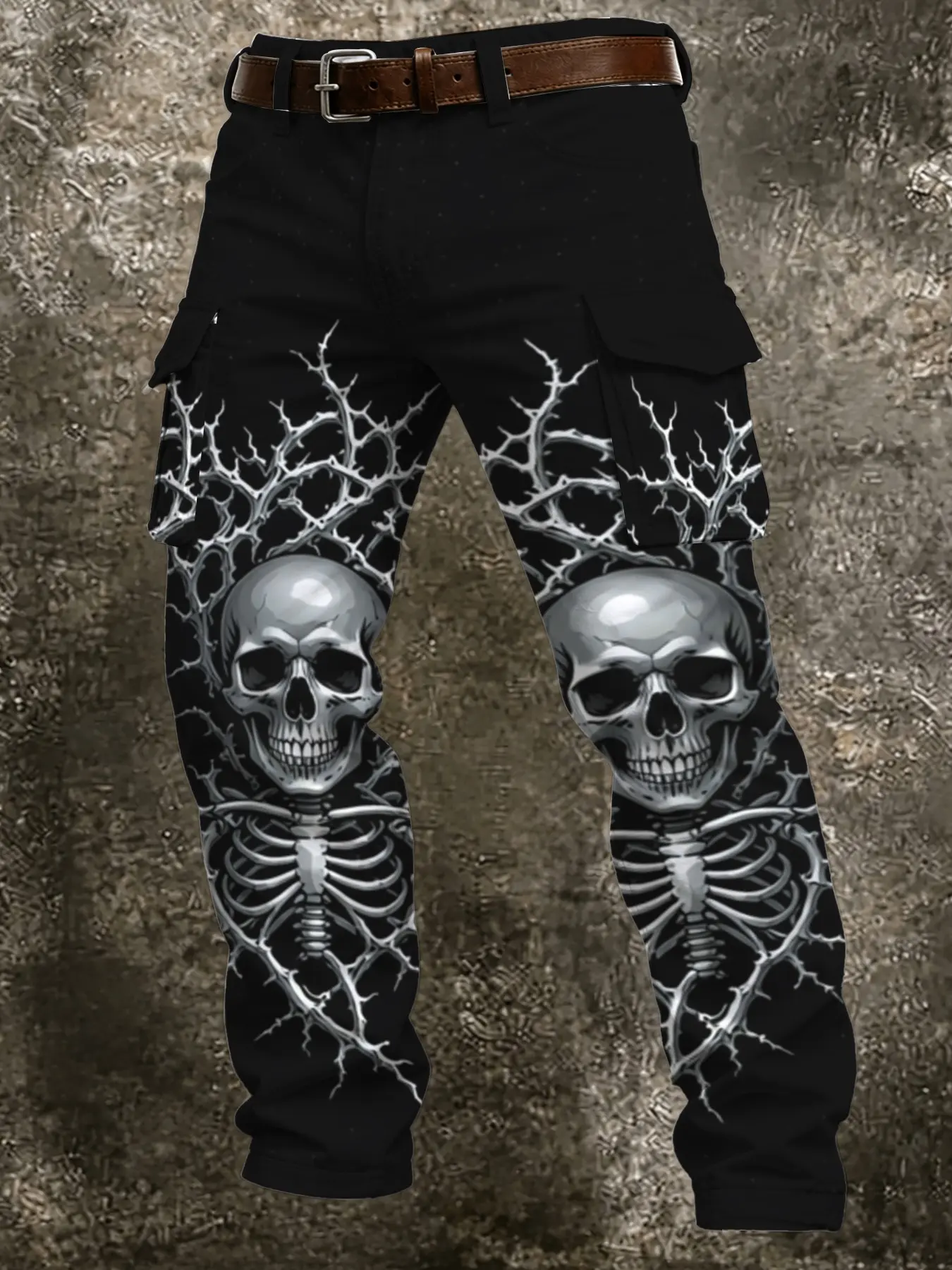 Men's Gothic Thorn Skull Print Cargo Pants, Multi-Pocket Straight Leg Casual Long Trousers, Punk Street Fashion Unique Men's Pants
