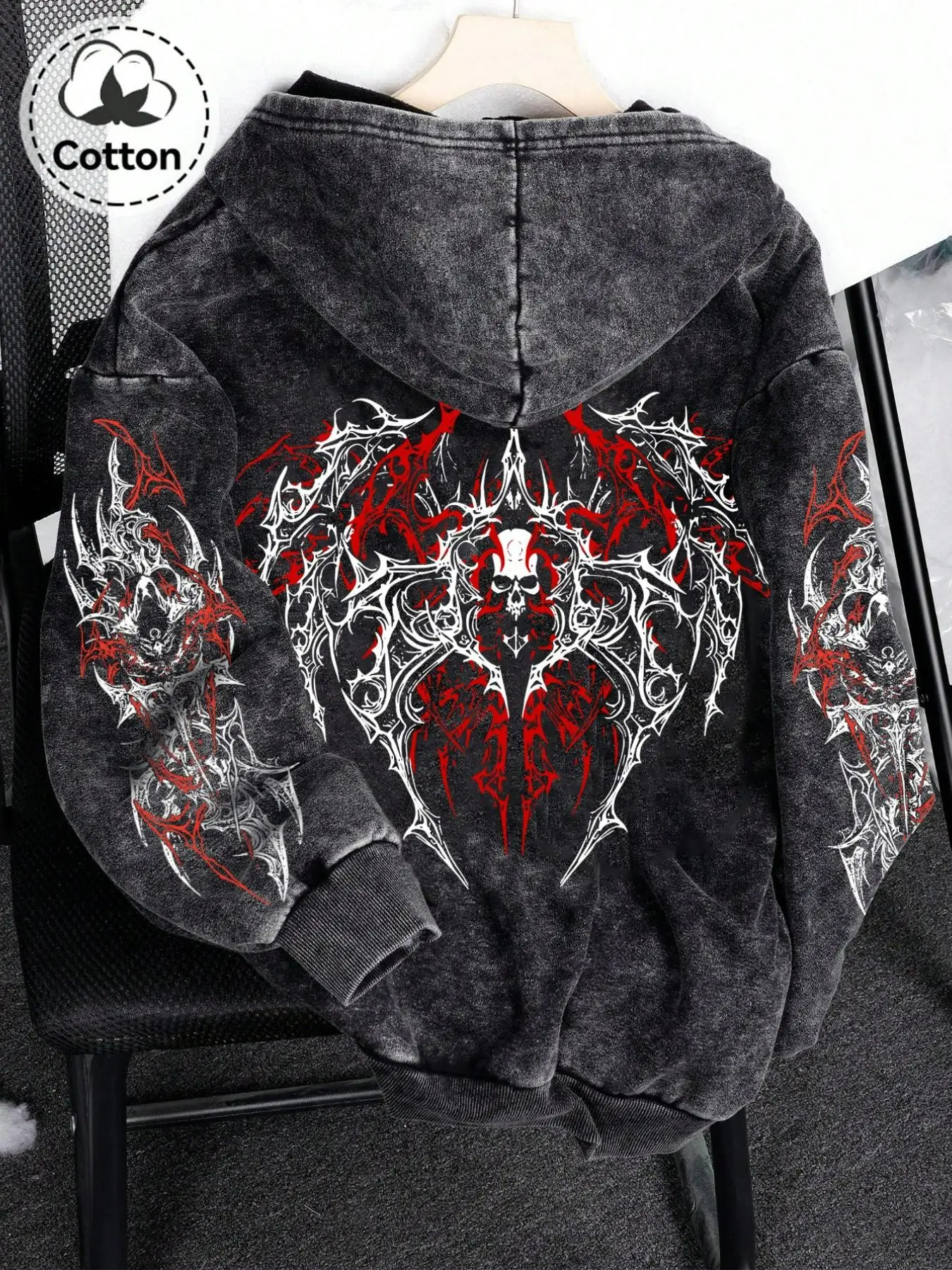 New Men's Zipper Open Front Sweatshirt, Gothic Pattern Print Hooded Sweatshirt, Spring Fall Fashion Cotton Hoodie, Casual Daily Wear