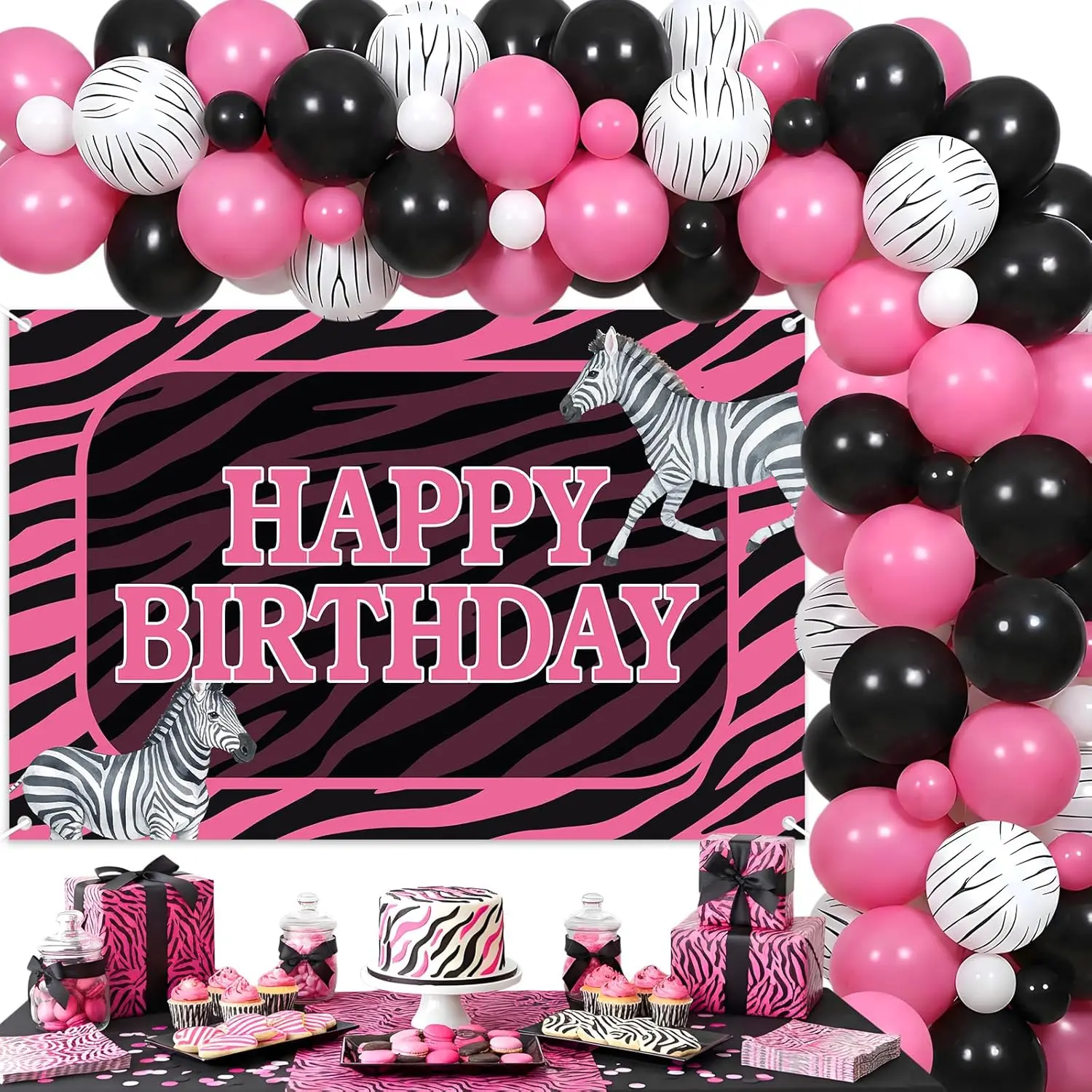 Zebra Birthday Decorations Girl Pink Black Zebra Print Birthday Backdrop Banner With Balloon Garland Arch Safari Jungle Animal Theme Party Supplies for Wild Animal Zebras Theme Celebration