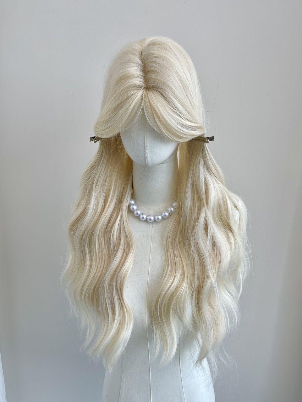 Women's Full Cap Platinum Blonde Long Curly Wig  Natural Middle Part Curtain Bangs, Water Wave Invisible Lace Front Wig