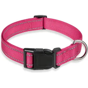 Reflective Adjustable Safety Nylon Dog Collar with Buckle for Small Medium Large Dogs Pink S