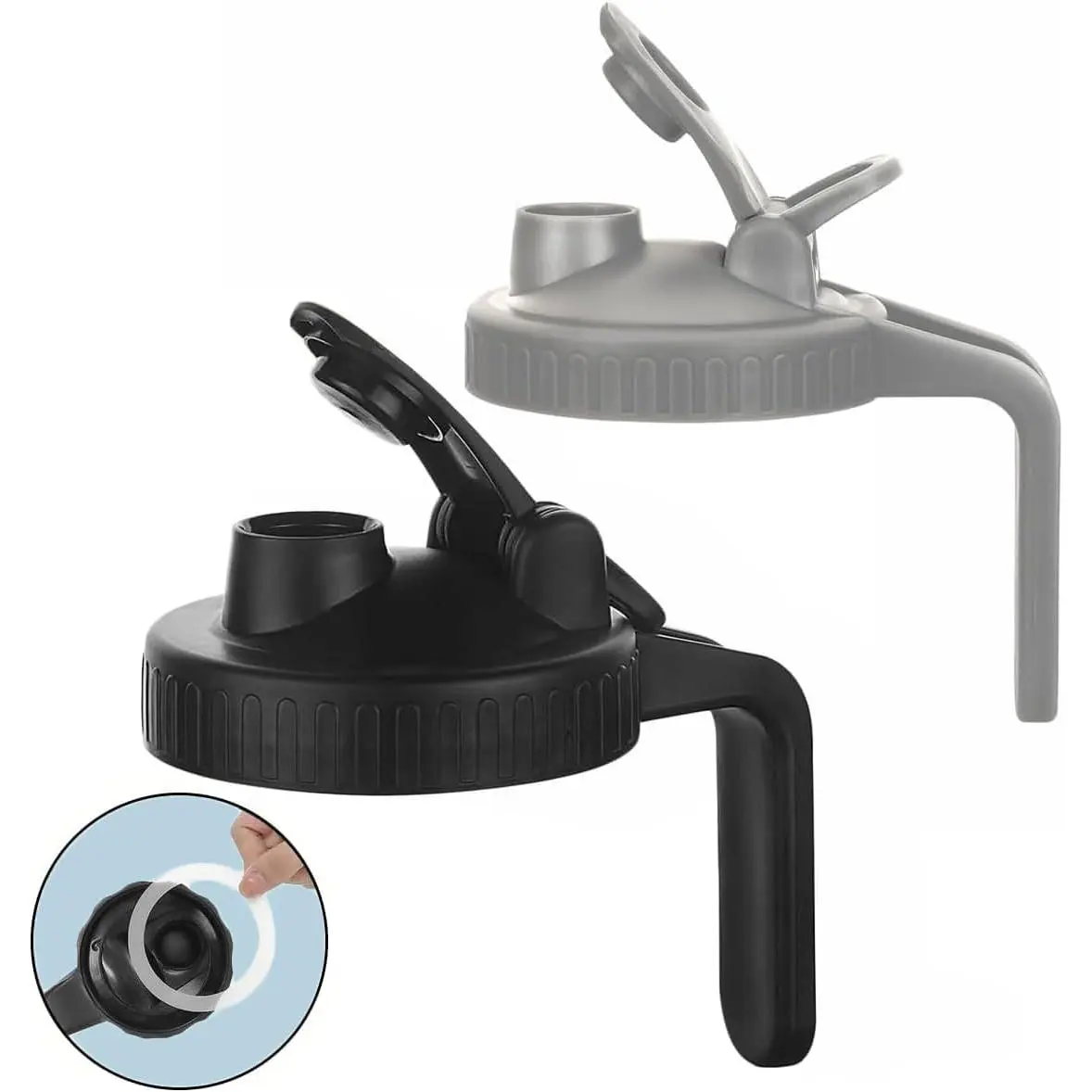 Mason Jar Pour Spout Lid 2 Pack Plastic Mason Jar  Regular Mouth with Handle Mason Jar Pitcher Flip Cap Airtight Handle Lid, Leak Proof Seal Cover Easy To Open (70MM-Black+Grey)