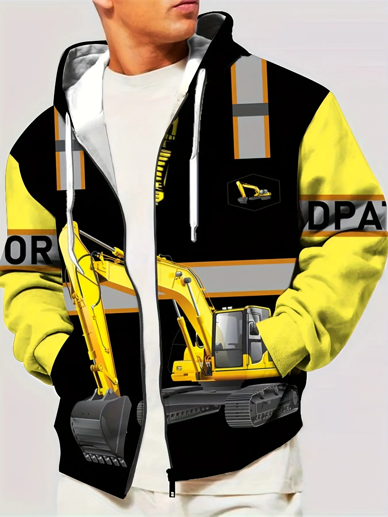 Men's Excavator Engineering Reflective Print Zipper Hooded Jacket, Casual Loose-Fit Outer Vest, Breathable and Comfortable Fabric, Fashion Casual Outerwear