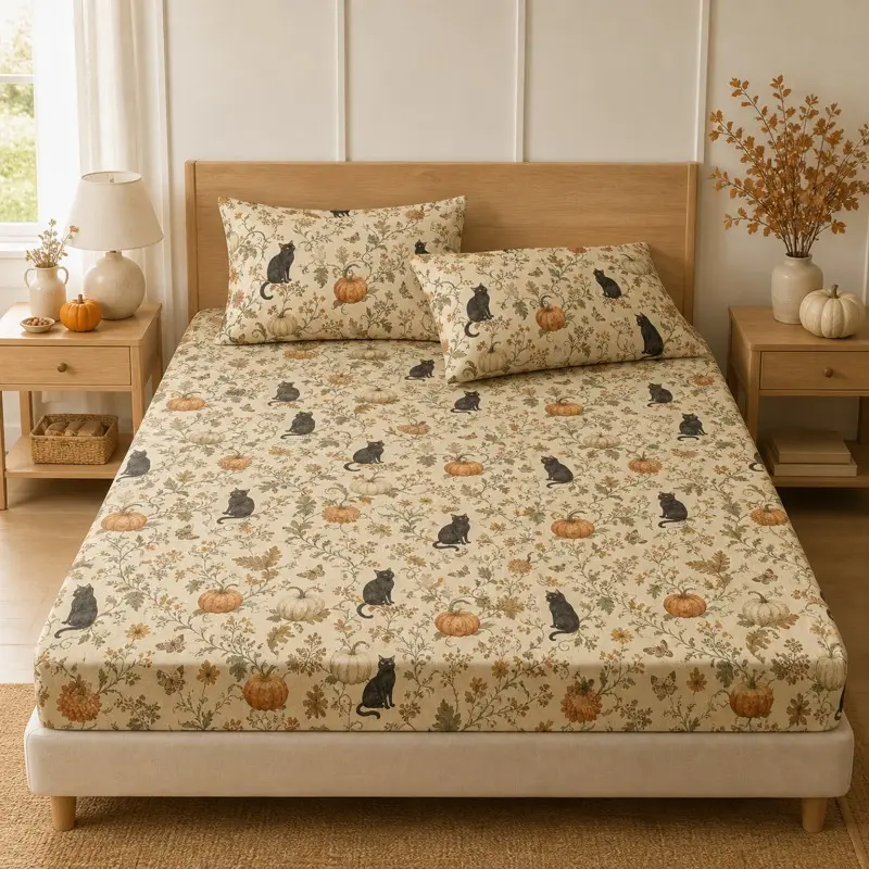 3pc Halloween Bed Fitted Sheet, Soft Breathable Pumpkin Cat Print, Includes 1 Fitted Sheet and 2 Pillowcases, Cozy Comfy Bedding