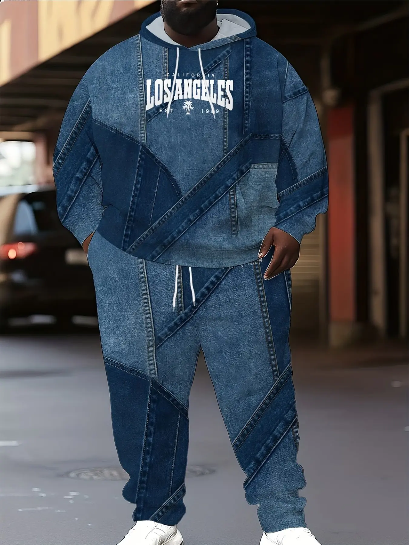 Men's 2-Piece Set Denim Plaid Patchwork 3D Print Hoodie and Ankle-Length Pants, Casual Loose-Fit for Daily Fitness and Hiking