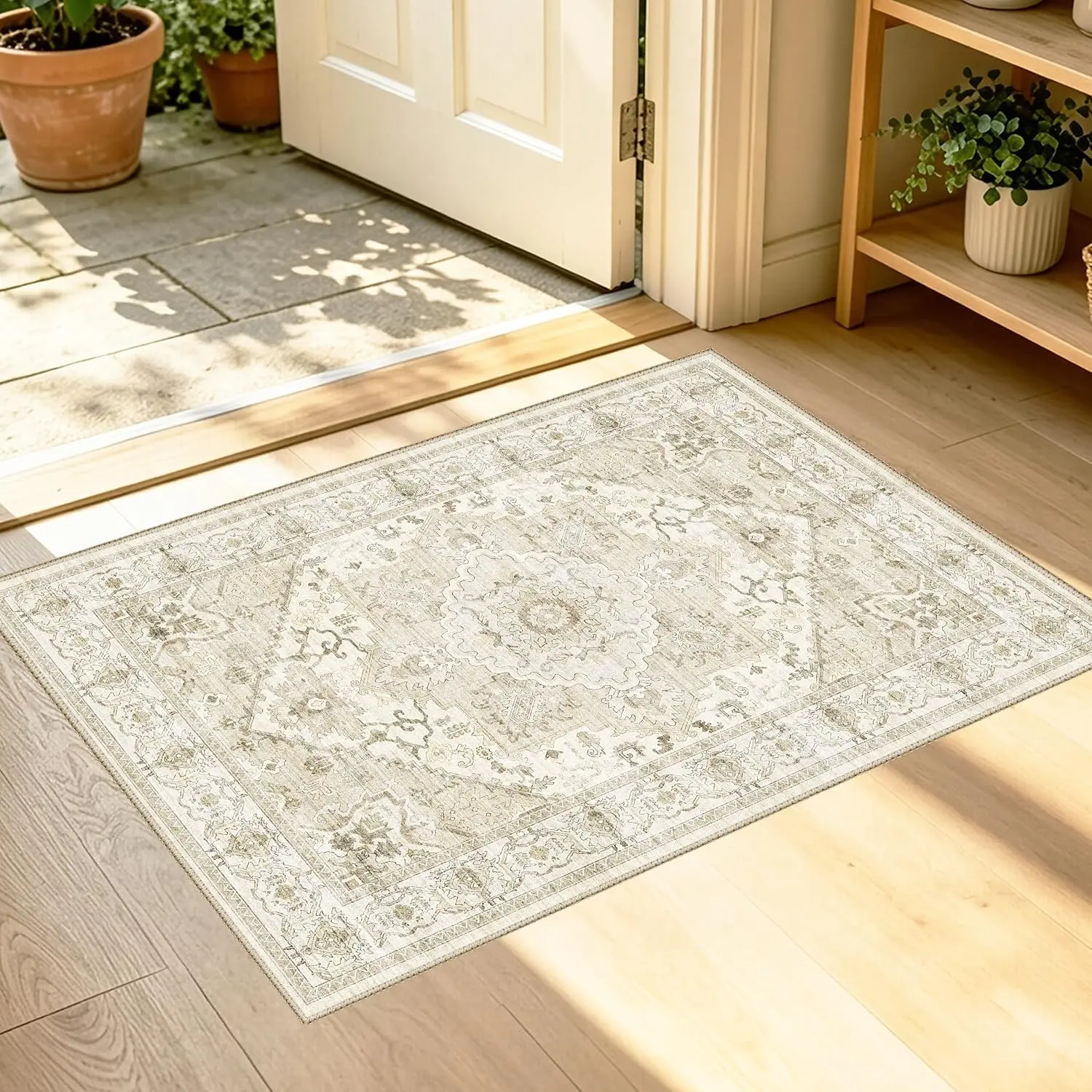 2x3 Washable Entryway Rug Beige, Soft Stain Resistant 2x3 Boho Rug  Small Rugs for Entryway, Low Pile Lightweight Non-Slip Indoor Door Mat Small Rugs for Bedroom