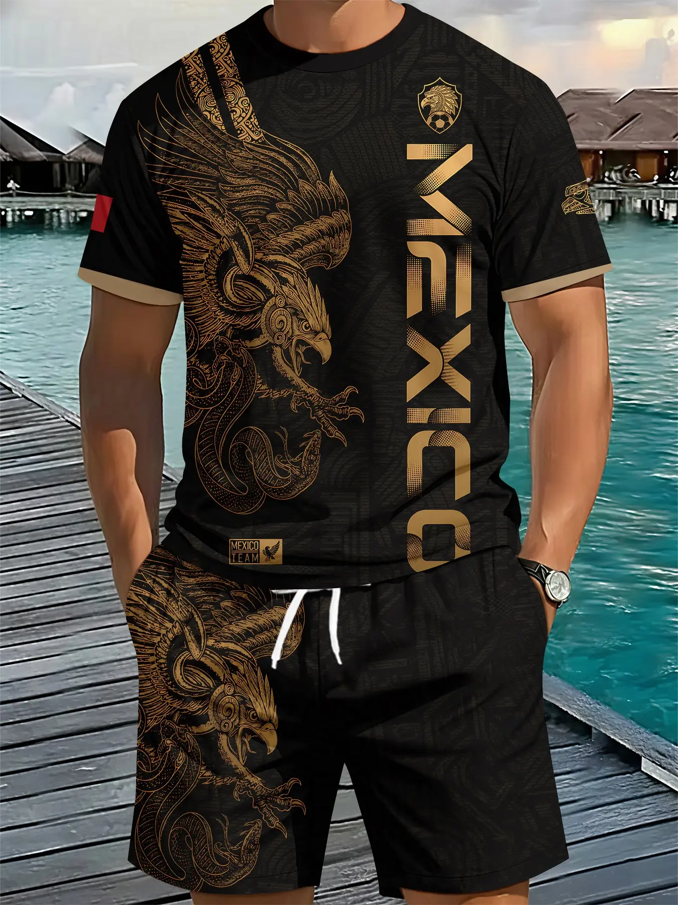 Men's domineering printed set with eagle and snake patterns printed on the side in pure black and gold texture, men's 3D digital printing two-piece suit, 2Pcs, trendy fashion suit, trendy retro casual two-piece set, trendy vacation-style outfit, breathabl