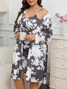 【plus size】 floral print cami nightdress & bathrobe set, casual soft comfortable nightdress & long sleeve dressing gown, women's sleepwear for all seasons, womenswear, lady loungewear
