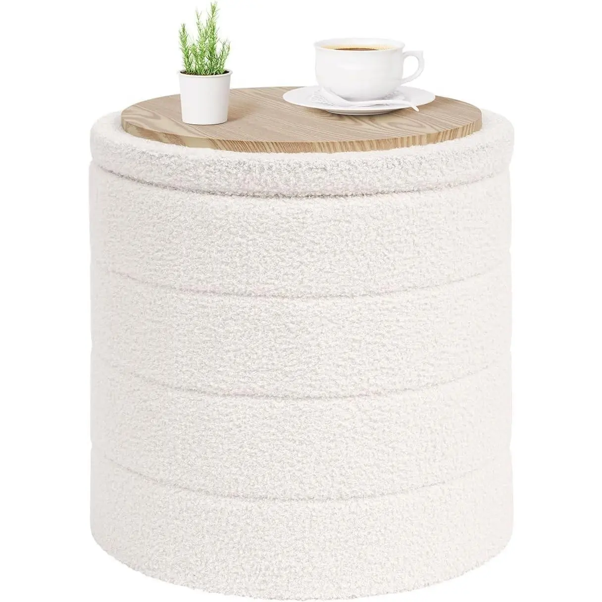 Round Storage Ottoman Foot Rest Stool with Tray Velvet Sherpa Folding Storage Ottoman,Boucle Foot Rest for Living Room, Bedroom, Dorm,White Color